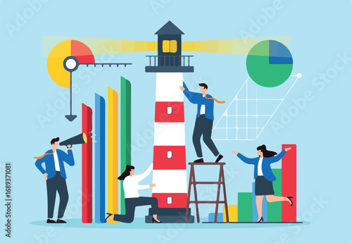 Guiding market strategy, data-driven navigation, strategic foresight, illuminating business paths concept vector illustration. Team of analysts constructing lighthouse with bar graphs