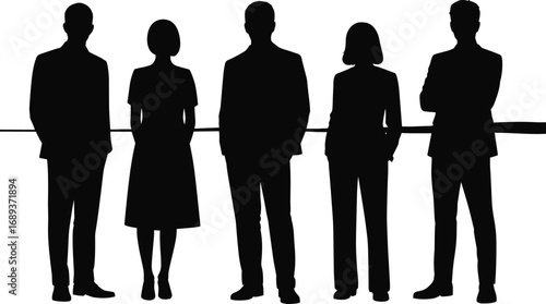 Business people silhouettes standing in a row, professional posture, corporate environment concept, black and white vector, minimal illustration style