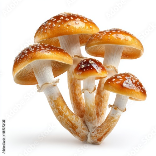 A close-up shot of a cluster of brown mushrooms with white spots, showcasing their unique texture and natural beauty. The mushrooms are grouped together, forming an appealing composition