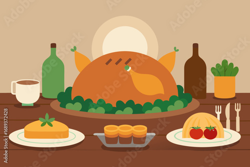 Thanksgiving feast with roasted turkey and side dishes