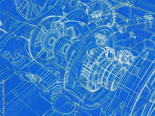 Layered Wireframe Blueprint of a Complex Industrial Gear Mechanism