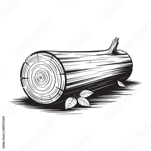 Monochrome vector art of a fallen tree log with bark and leaves, showcasing detailed annual rings in a classic engraving style illustration