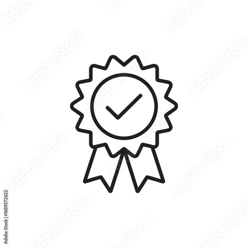 Vector icon of a quality seal with a checkmark. Outline rosette symbol for certification, guarantee, and best choice. Simple graphic design element