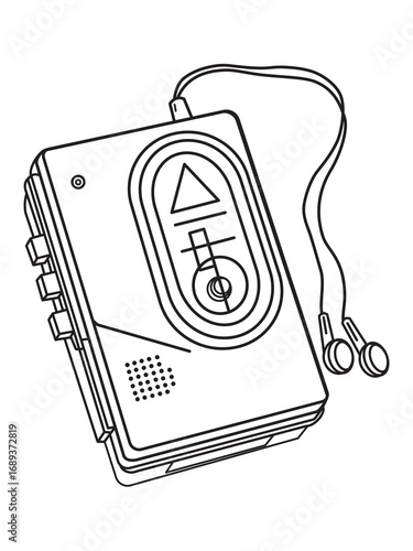 Hand-drawn line art of Cassette Player,Walkman radio cassette player,Vintage cassette tape,Retro vintage portable audio Earphones or in-ear headphones attached.Vector illustration