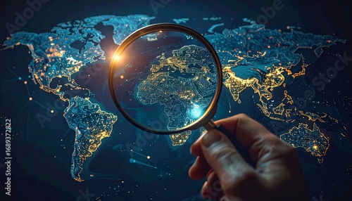 Global Data Search: Hand holding magnifying glass over glowing digital world map with illuminated connection points, business intelligence.
