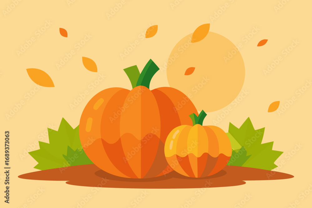 Naklejka premium Autumn harvest pumpkins with falling leaves and sun