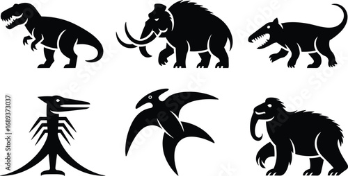 Silhouette Vector Icons of Prehistoric Animals, Dinosaurs, Mammoths, and Extinct Creatures for Educational, Design, or Decorative Use, Black Illustrations