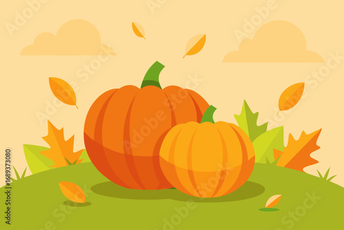 Two orange pumpkins on green hill with autumn leaves and clouds