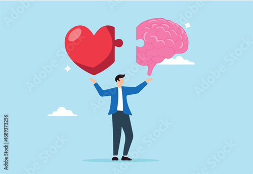 Flat illustration of man connecting heart emotion with logical thinking brain representing emotional intelligence