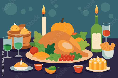 Festive thanksgiving dinner spread with roasted turkey and pumpkin