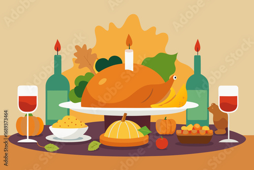 A festive thanksgiving dinner spread with roasted turkey and autumn decorations