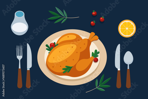 Delicious roasted chicken dinner with festive garnishes and utensils