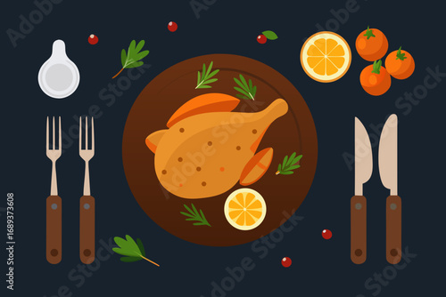 Festive roasted chicken dinner with citrus and herbs