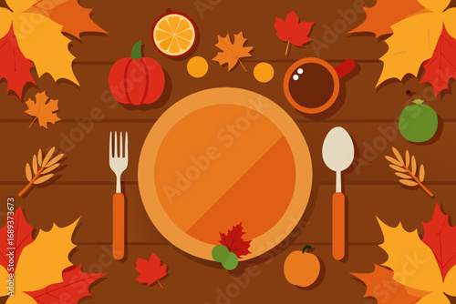 Thanksgiving dinner table setting with autumn leaves and food