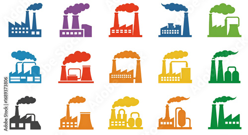 Vibrant array of factories symbolizes industry production and manufacturing against a black background using bold pop