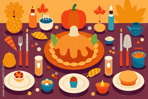 Festive thanksgiving dinner table setting with pumpkin pie and autumn decorations