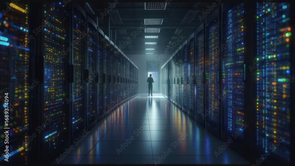 Fototapeta premium Lone Figure Silhouetted at the End of a Glowing, Symmetrical Data Center Aisle.