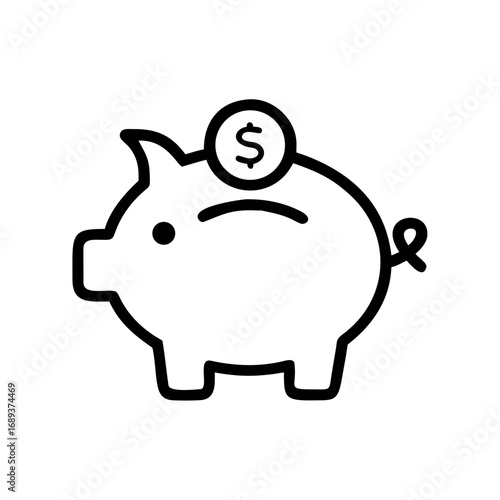 Outline drawing of a piggy bank with a dollar coin on top representing savings and financial planning concept