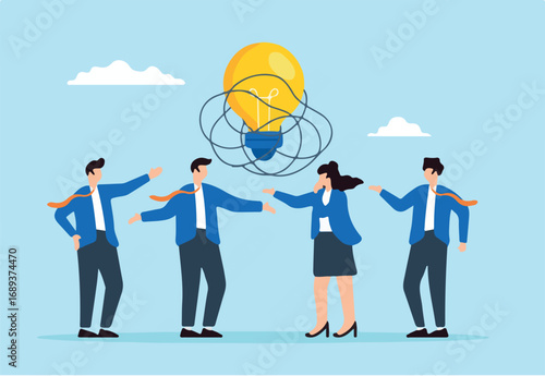 Flat illustration of business people brainstorm solutions with with lightbulb and chaos messy tangle contemplating complicated problems and challenges