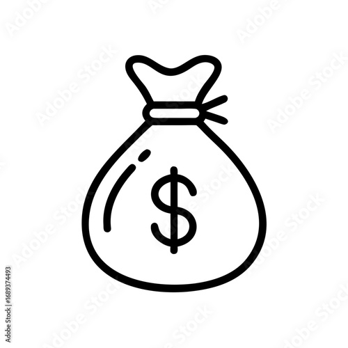 Illustration of a money bag with a dollar sign in black outline on a white background in a simple style