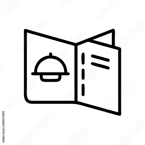 Illustration of an open menu with a food dome icon and list on the right side in black and white style