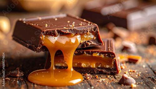 A delectable close-up of a gourmet chocolate bar broken to reveal a rich, gooey caramel filling dripping onto a rustic wooden surface, a concept of pure indulgence