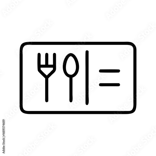 Black outline of a fork and spoon inside a rectangle with two horizontal lines on the right side