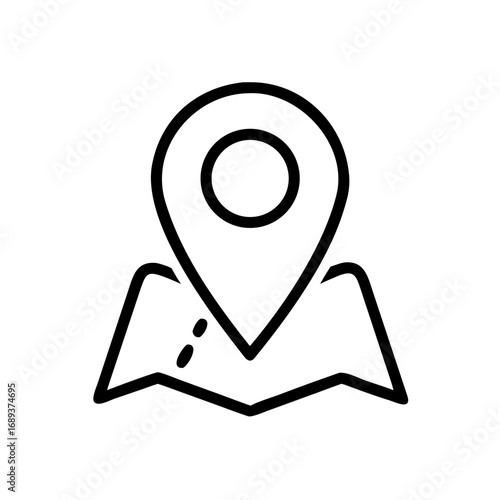 A simple black and white line drawing of a map with a location pin indicating a specific destination