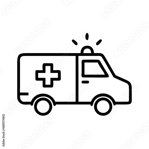 A simple line drawing of an ambulance with a cross and flashing lights on top in a white background