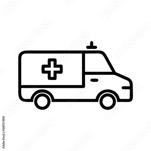 An illustration of a simple ambulance with a cross on its side and wheels ready for emergency response