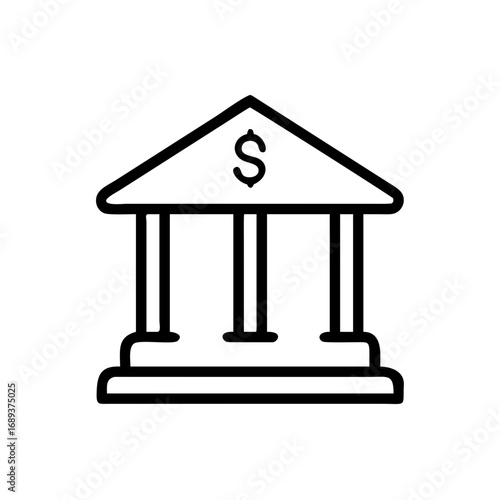 Illustration of a bank building with a dollar sign on the roof in a simple black outline style design