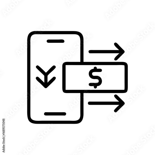 Illustration of a mobile phone with downward arrows and a dollar bill with outward arrows shown