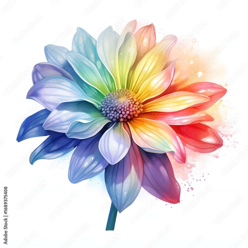 Obraz premium A digitally painted illustration shows a single flower with petals in a rainbow of colors, set against a white background with watercolor-style splashes.