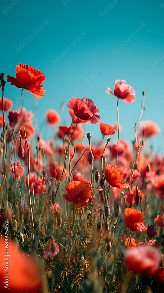Fototapeta premium Blooming poppy field under blue sky high resolution HD photos