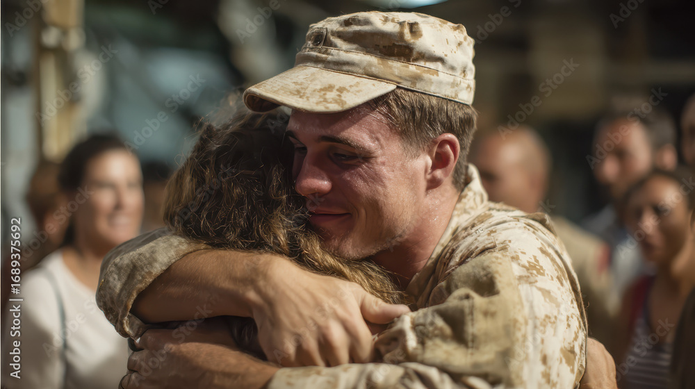 Fototapeta premium Emotional Military Homecoming: Heartwarming Reunion Captures Joy and Affection as Soldier Embraces Loved One