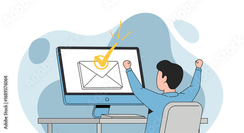 Man celebrates successful email delivery with a big checkmark on his computer screen