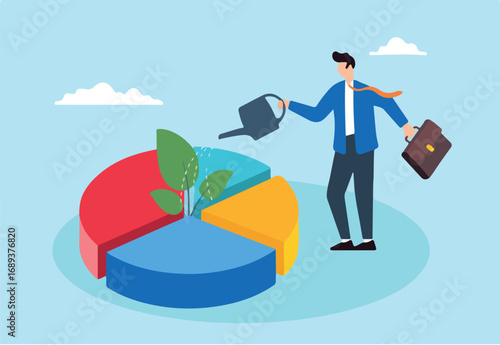 Flat illustration of businessman watering investment portfolio pie chart symbolizing growing passive income