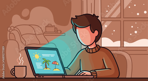 Dreaming of sunny holidays while working indoors on a snowy winter night