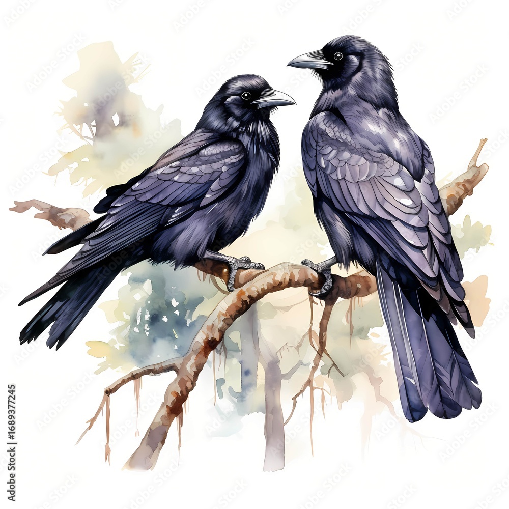 Fototapeta premium Two detailed black ravens are perched on a tree branch, set against a soft watercolor wash background of muted greens and yellows.