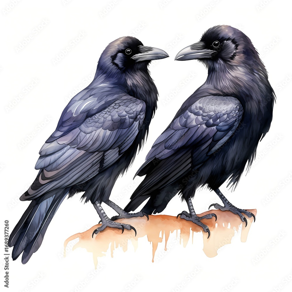 Fototapeta premium This illustration depicts two ravens perched on a small, light brown rock, their black feathers detailed, set against a stark white backdrop.