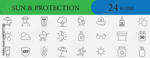 Sun protection icon set with sunscreen, SPF, hat, sunglasses, umbrella, skincare, UV block, summer safety and health care outline vector icons