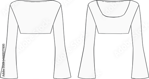 Beautiful Women's flared sleeve crop top fashion flat sketch, front and back view technical drawing, long bell sleeve blouse design vector template