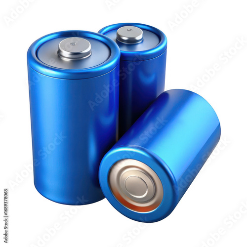 Three blue cylindrical batteries isolated on a transparent background isolated on transparent background