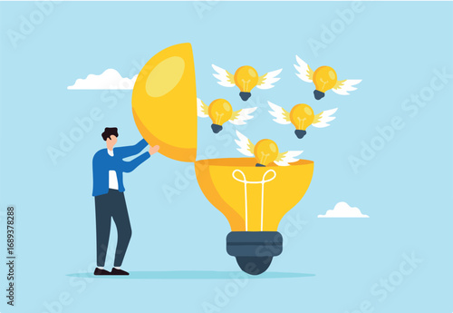 Flat illustration of man open lightbulb to develop and generate new flying idea generation creativity innovation inspire invention knowledge imagination wisdom solution 