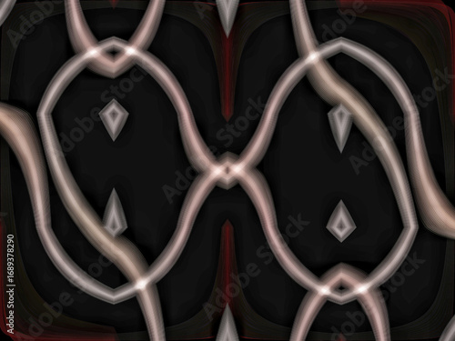 Intertwined metallic lines form an abstract, symmetrical pattern on a dark background, creating a futuristic and elegant design suitable for various creative projects. Digitally generated images.