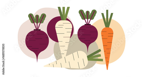 Vibrant root vegetables including beets parsnips and carrots arranged artistically