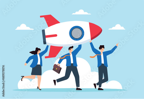 Flat illustration of business team helps carry rocket to launch symbolizing teamwork in developing new projects