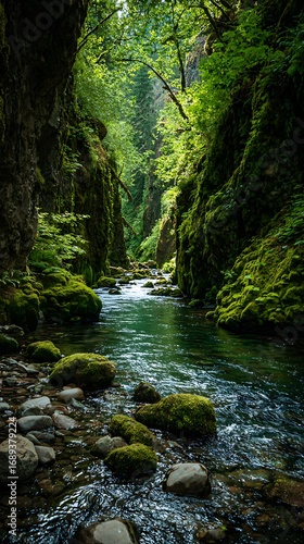 Lush Green Gorge With Flowing Water pictures