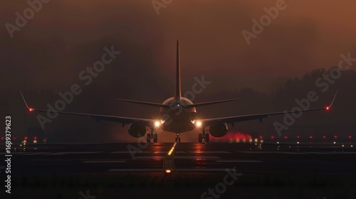 Airplane landing dusk runway