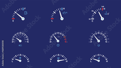 Set of isolated car or moto, truck speedometer.